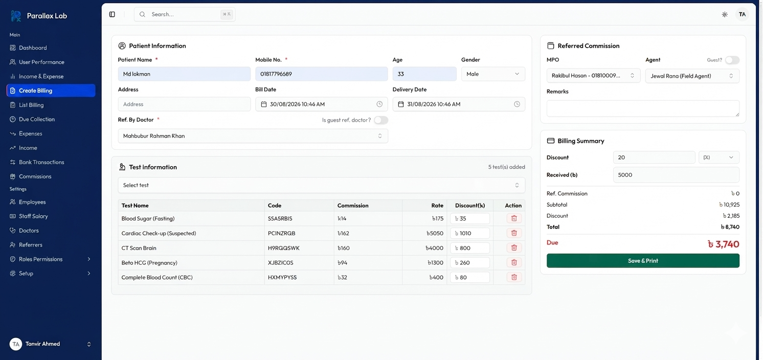The Px Lab billing screen, with a patient invoice in progress