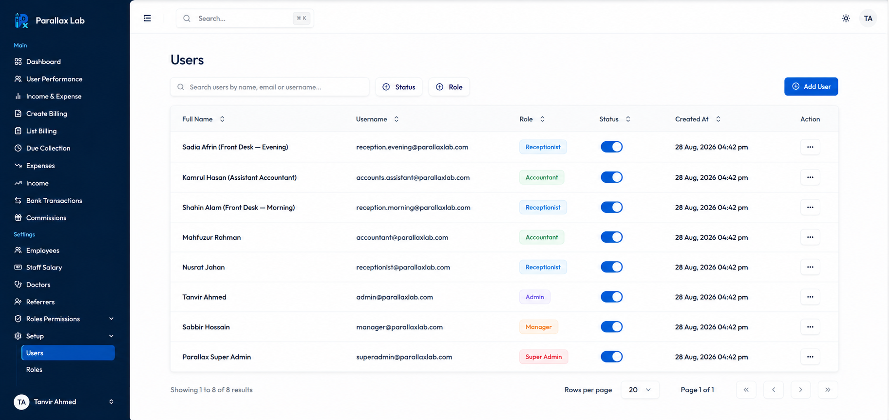 The role permission setup screen, permission by permission